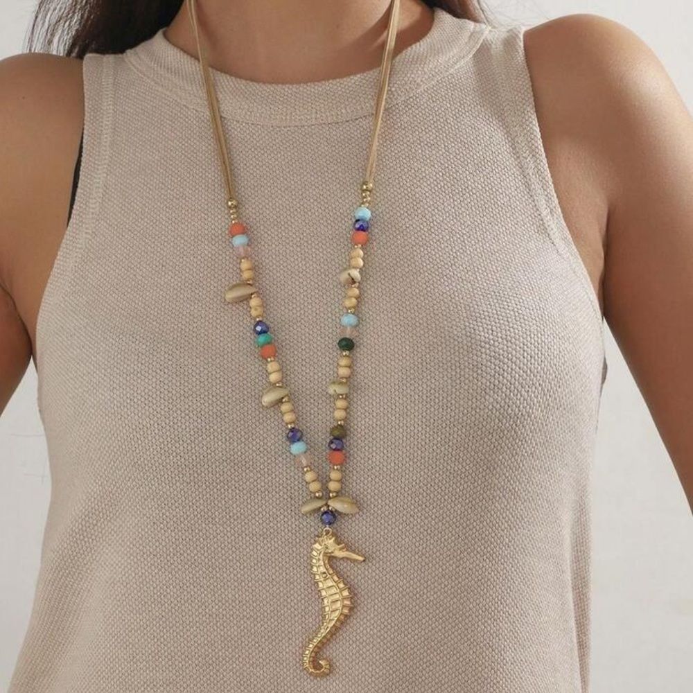Gold Seahorse Pendant Necklace with Multicolor Beads R277